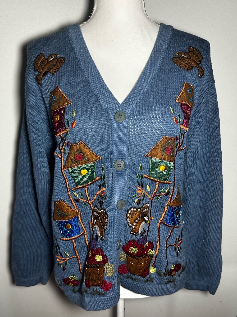 Vintage Blue Embroidered Cottagecore V-Neck Button Sweater Cardigan
